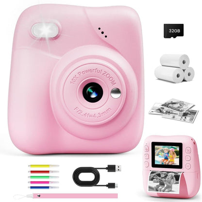 48MP Kids Digital Camera with Instant Print, 1080p FHD, 10x Zoom, 32GB Memory Card, 3-inch Screen, Pink