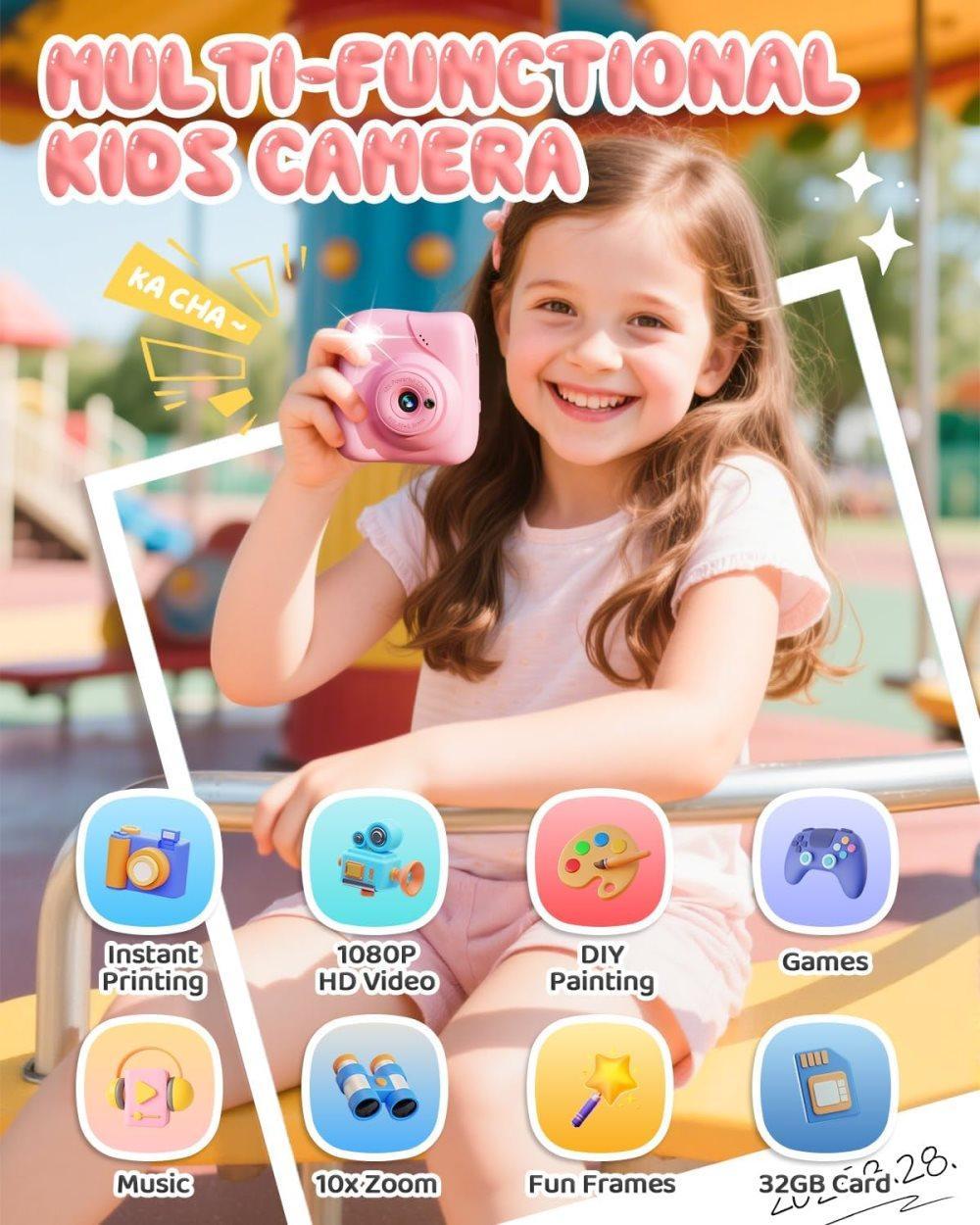 48MP Kids Digital Camera with Instant Print, 1080p FHD, 10x Zoom, 32GB Memory Card, 3-inch Screen, Pink