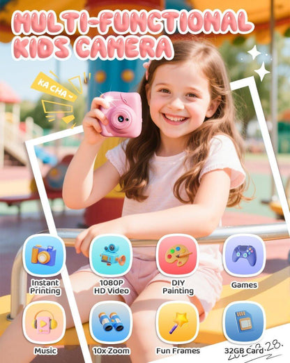 48MP Kids Digital Camera with Instant Print, 1080p FHD, 10x Zoom, 32GB Memory Card, 3-inch Screen, Pink