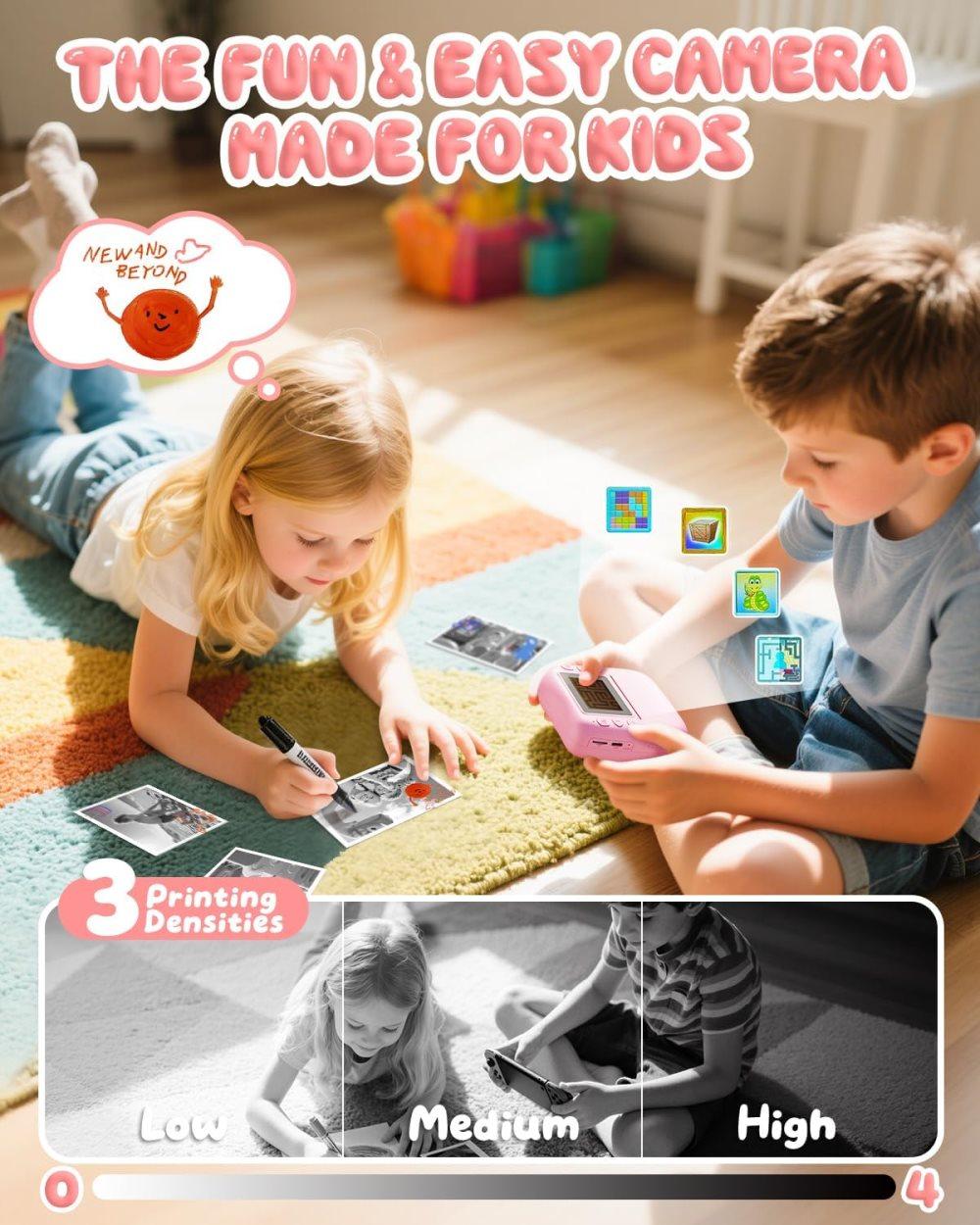 48MP Kids Digital Camera with Instant Print, 1080p FHD, 10x Zoom, 32GB Memory Card, 3-inch Screen, Pink