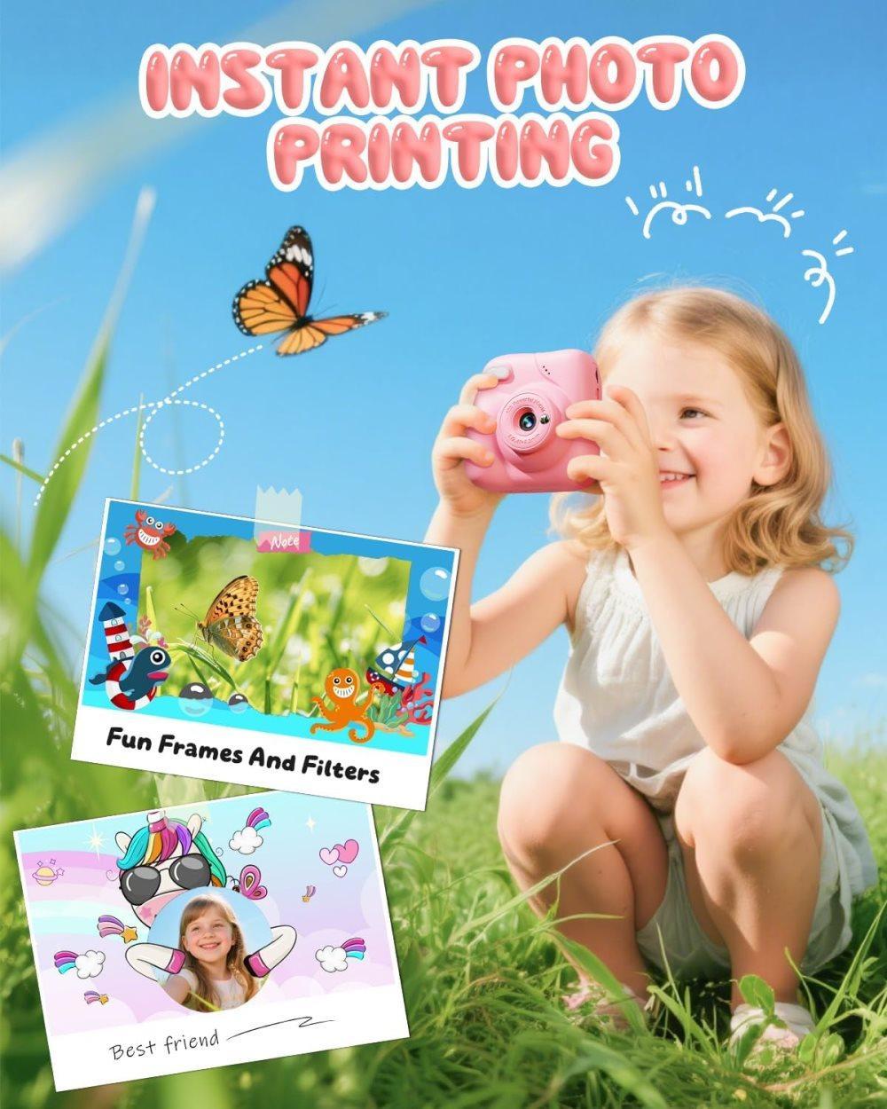 48MP Kids Digital Camera with Instant Print, 1080p FHD, 10x Zoom, 32GB Memory Card, 3-inch Screen, Pink