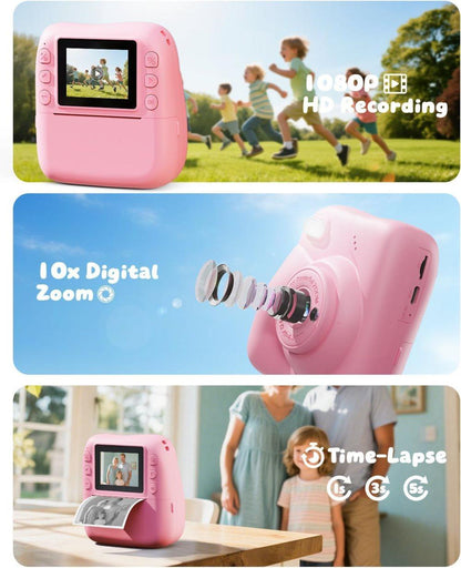 48MP Kids Digital Camera with Instant Print, 1080p FHD, 10x Zoom, 32GB Memory Card, 3-inch Screen, Pink
