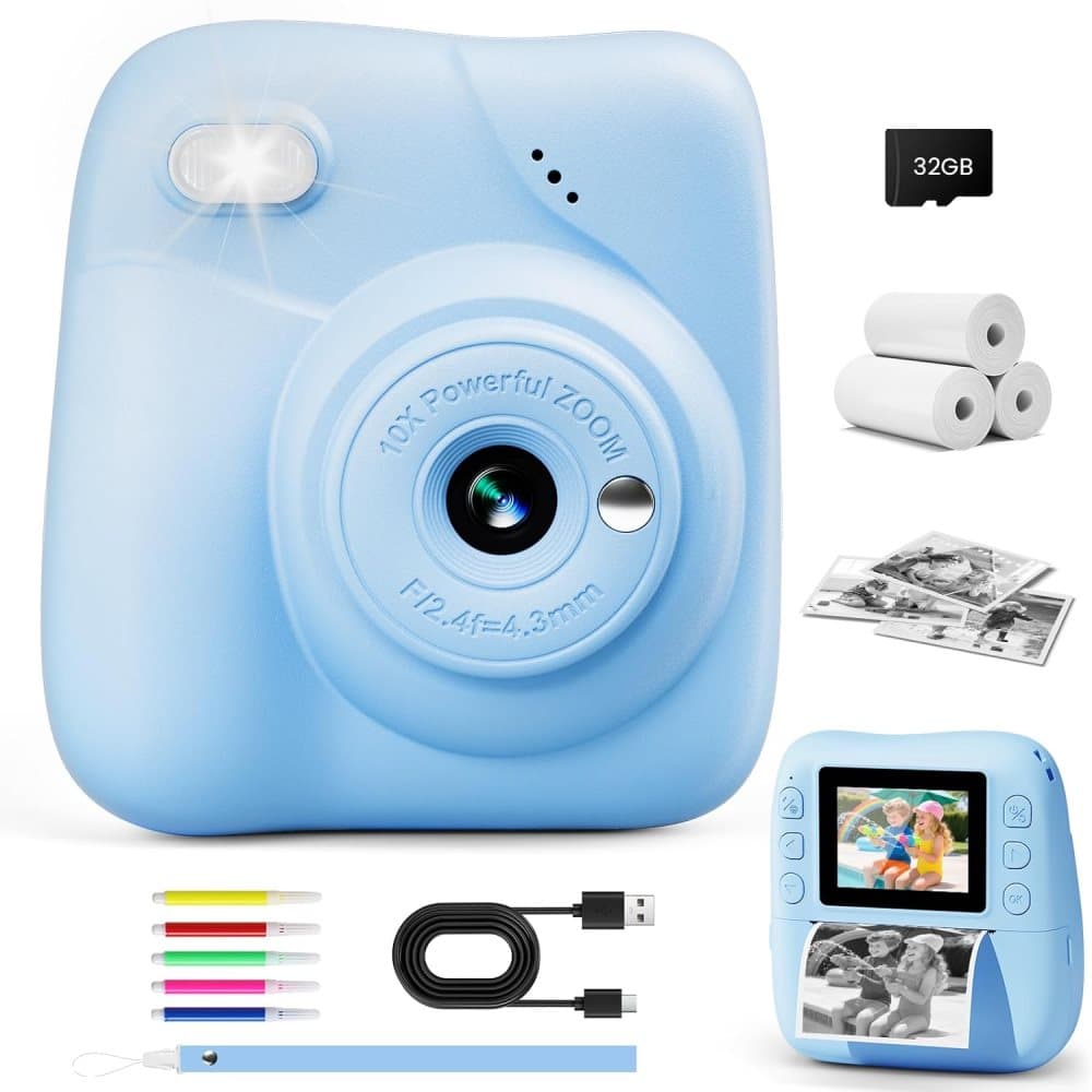 48MP Kids Digital Camera with Instant Print, 1080p FHD, 10x Zoom, 32GB Memory Card, 3-inch Screen, Blue