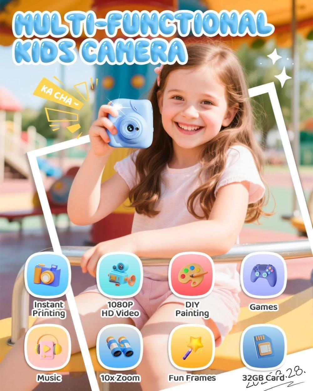 48MP Kids Digital Camera with Instant Print, 1080p FHD, 10x Zoom, 32GB Memory Card, 3-inch Screen, Blue