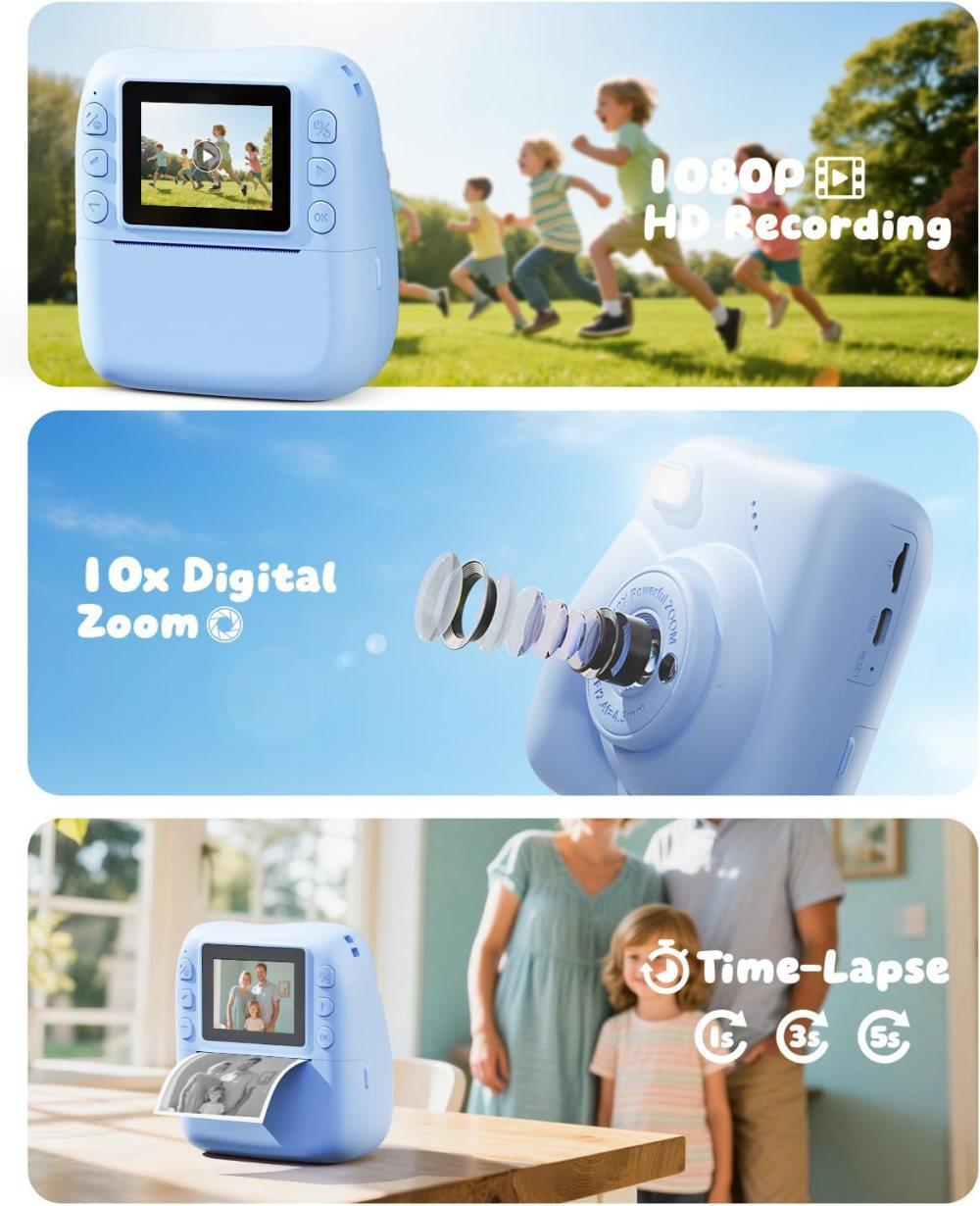 48MP Kids Digital Camera with Instant Print, 1080p FHD, 10x Zoom, 32GB Memory Card, 3-inch Screen, Blue