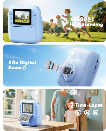 48MP Kids Digital Camera with Instant Print, 1080p FHD, 10x Zoom, 32GB Memory Card, 3-inch Screen, Blue