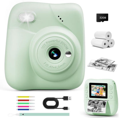 48MP Kids Digital Camera with Instant Print, 1080p FHD, 10x Zoom, 32GB Memory Card, 3-inch Screen, Green