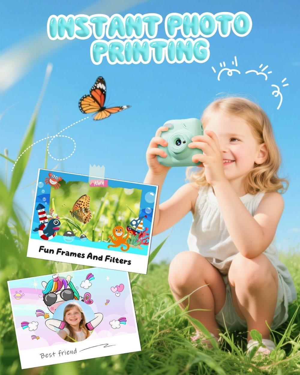 48MP Kids Digital Camera with Instant Print, 1080p FHD, 10x Zoom, 32GB Memory Card, 3-inch Screen, Green