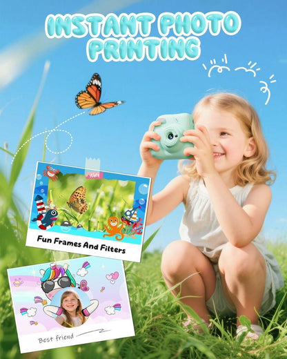 48MP Kids Digital Camera with Instant Print, 1080p FHD, 10x Zoom, 32GB Memory Card, 3-inch Screen, Green