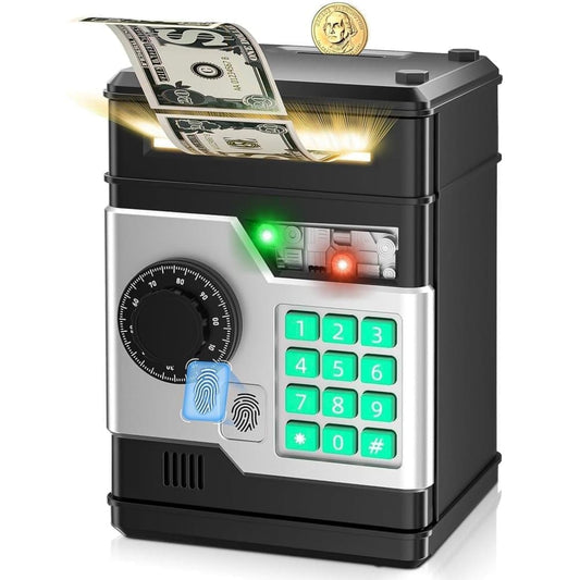Kids Electronic Piggy Bank with Fingerprint & Password Protection, Automatic Saving Function, Mini Cabinet, Black