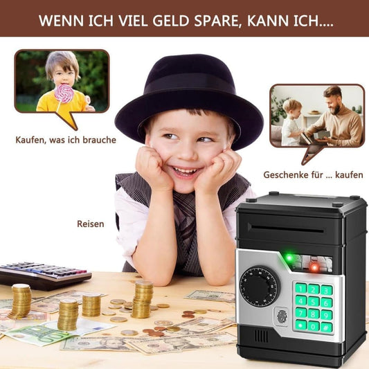 Kids Electronic Piggy Bank with Fingerprint & Password Protection, Automatic Saving Function, Mini Cabinet, Black