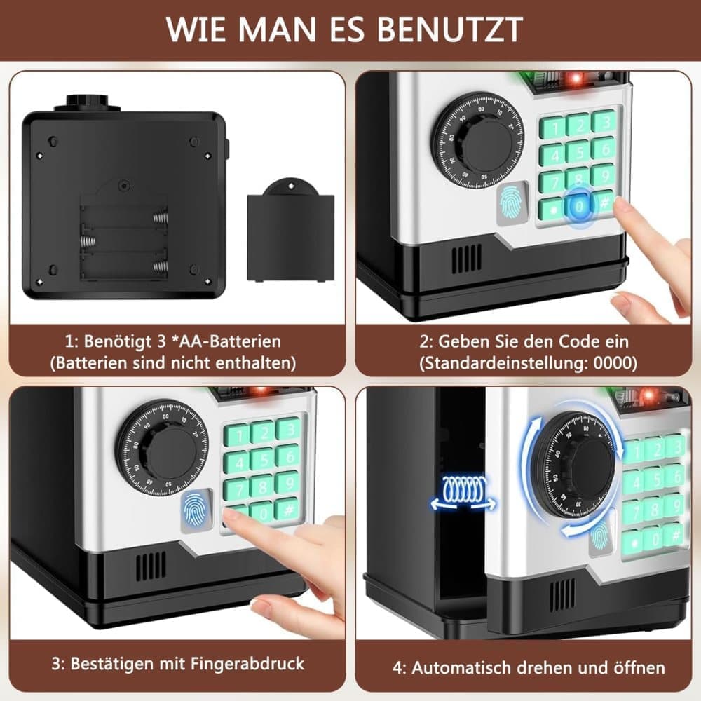 Kids Electronic Piggy Bank with Fingerprint & Password Protection, Automatic Saving Function, Mini Cabinet, Black