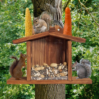 Wooden Squirrel Feeder with Removable Front Panel, Durable Outdoor Feeding Station, Easy to Fill