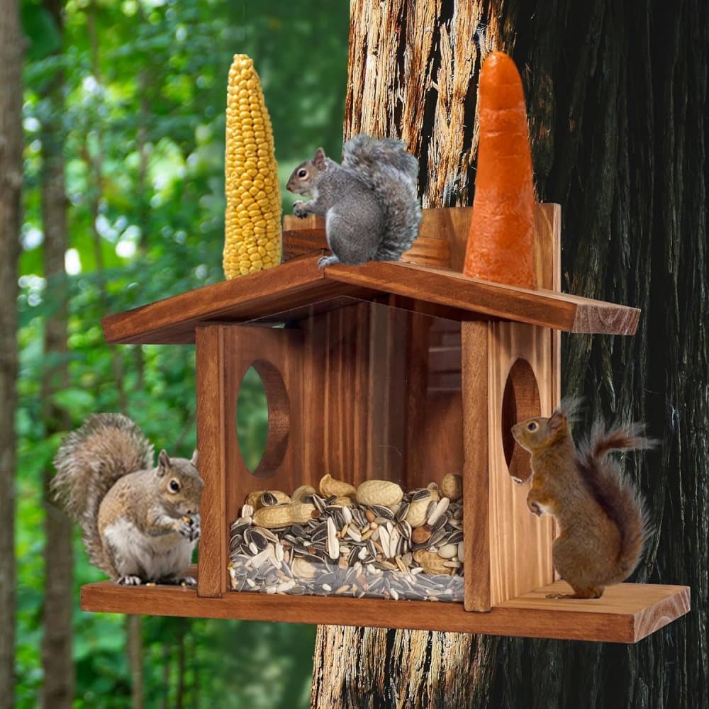 Wooden Squirrel Feeder with Removable Front Panel, Durable Outdoor Feeding Station, Easy to Fill