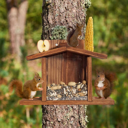 Wooden Squirrel Feeder with Removable Front Panel, Durable Outdoor Feeding Station, Easy to Fill