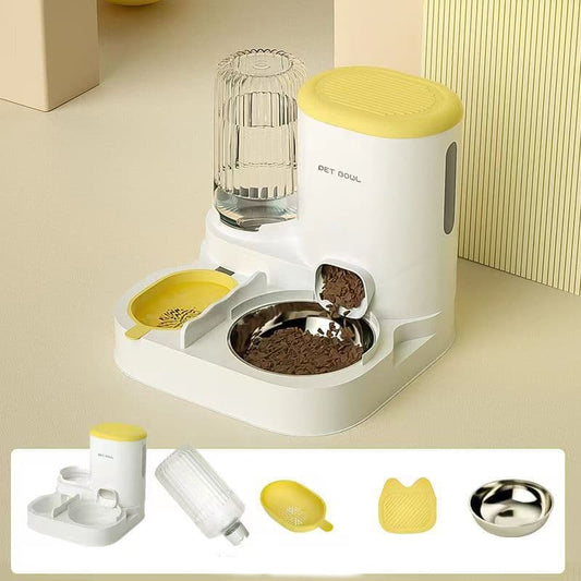 2-in-1 Automatic Cat Feeder and Water Dispenser for Pets, Compatible with Cats and Dogs, Yellow