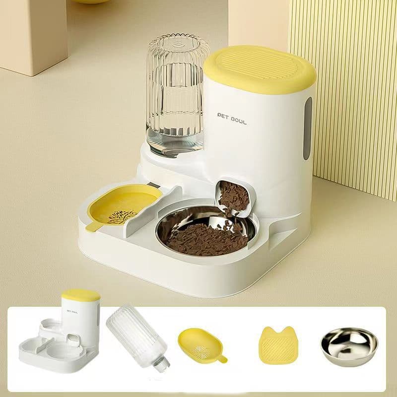 2-in-1 Automatic Cat Feeder and Water Dispenser for Pets, Compatible with Cats and Dogs, Yellow