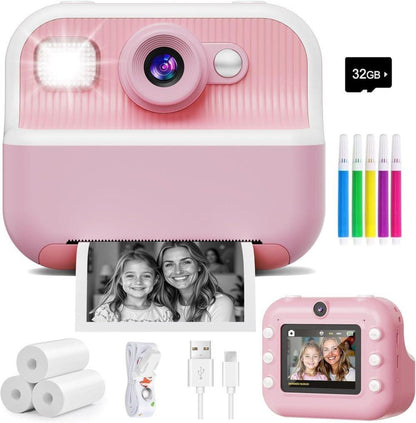 1 Children's Digital Camera with Instant Printing 1080P HD 2.4-inch Screen, Pink, Includes Paper and 32GB Card for Ages 3-12