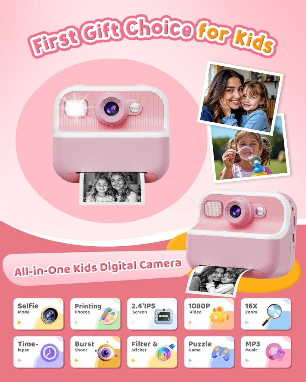 1 Children's Digital Camera with Instant Printing 1080P HD 2.4-inch Screen, Pink, Includes Paper and 32GB Card for Ages 3-12