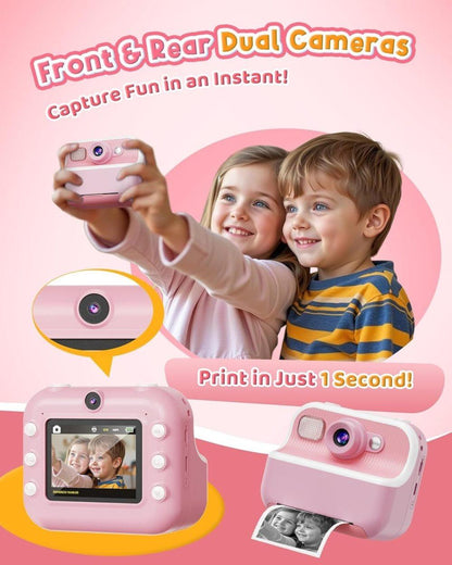 1 Children's Digital Camera with Instant Printing 1080P HD 2.4-inch Screen, Pink, Includes Paper and 32GB Card for Ages 3-12