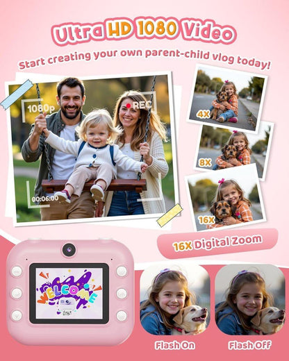 1 Children's Digital Camera with Instant Printing 1080P HD 2.4-inch Screen, Pink, Includes Paper and 32GB Card for Ages 3-12