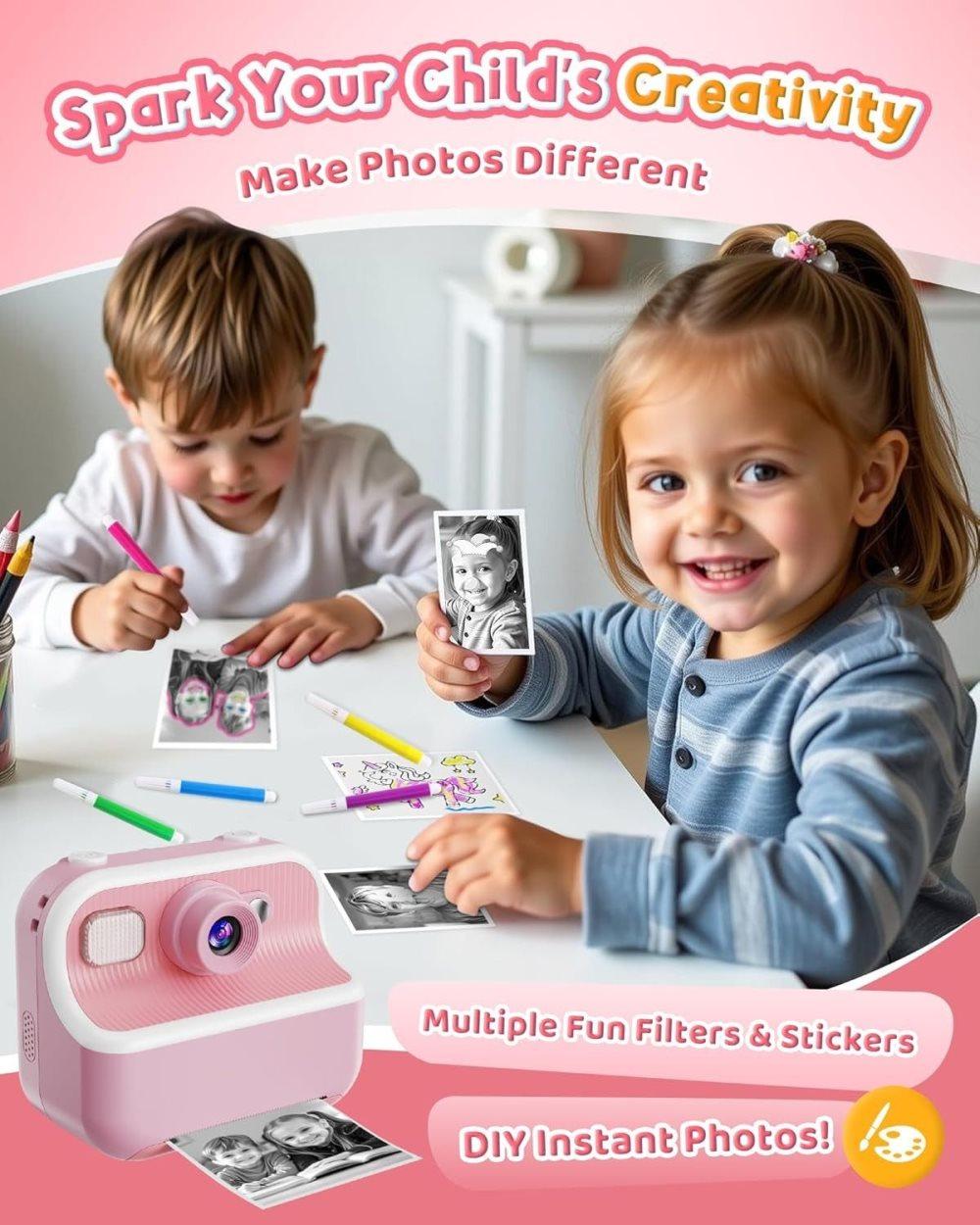 1 Children's Digital Camera with Instant Printing 1080P HD 2.4-inch Screen, Pink, Includes Paper and 32GB Card for Ages 3-12