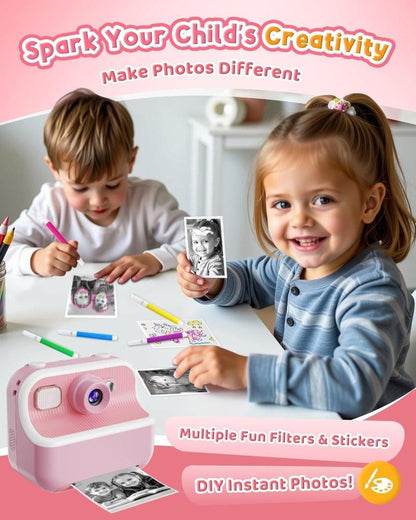 1 Children's Digital Camera with Instant Printing 1080P HD 2.4-inch Screen, Pink, Includes Paper and 32GB Card for Ages 3-12