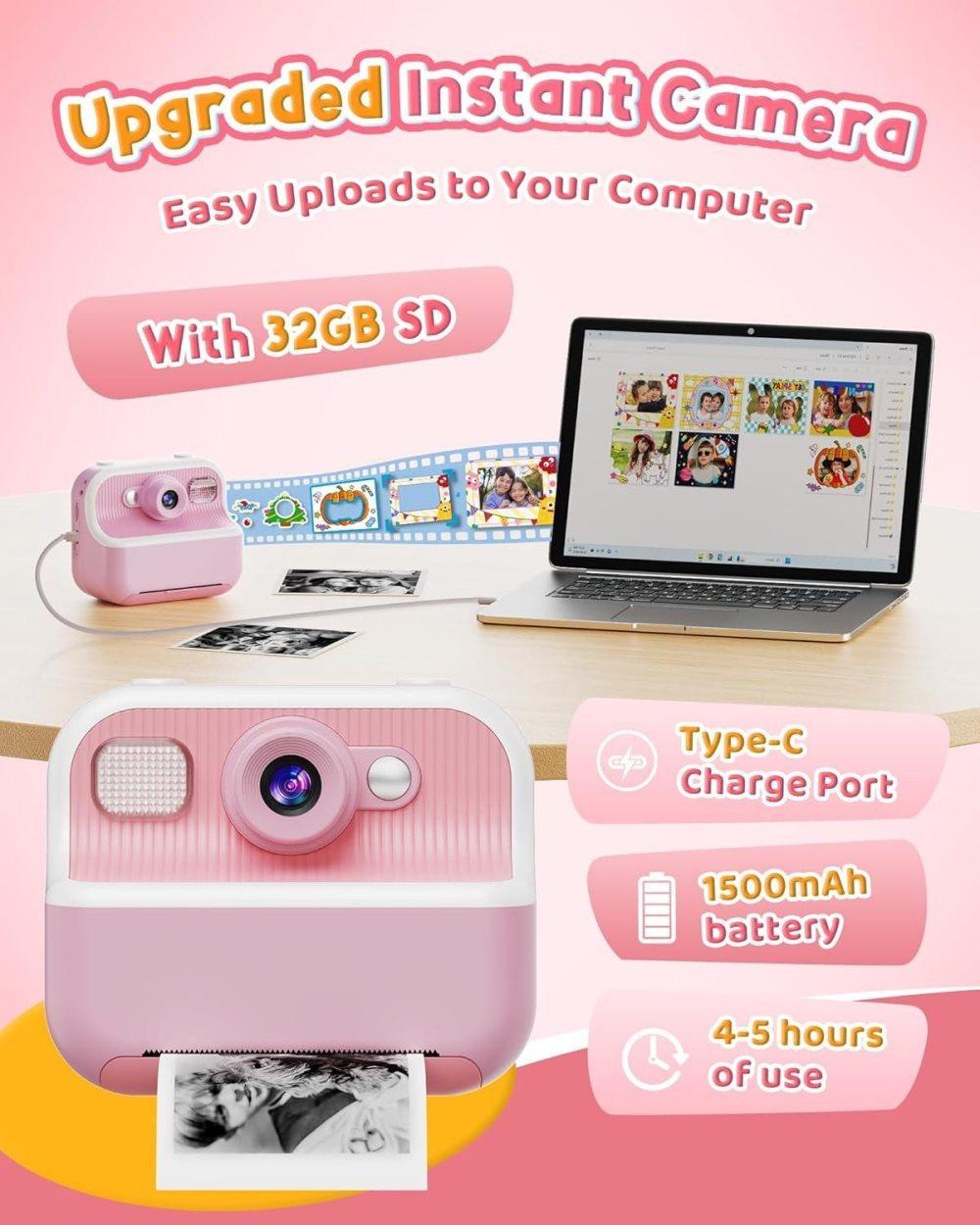 1 Children's Digital Camera with Instant Printing 1080P HD 2.4-inch Screen, Pink, Includes Paper and 32GB Card for Ages 3-12