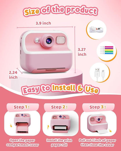 1 Children's Digital Camera with Instant Printing 1080P HD 2.4-inch Screen, Pink, Includes Paper and 32GB Card for Ages 3-12