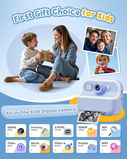 Children's Digital Camera 1080P HD with 2.4-Inch Screen, Instant Printing, Includes Paper & 32GB Card, for Ages 3-12, Blue