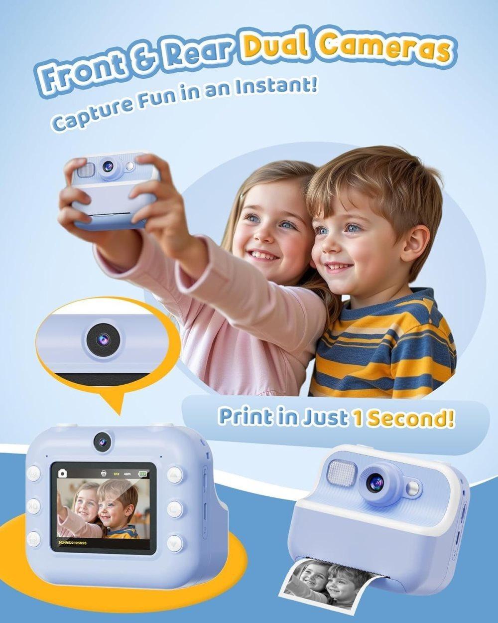 Children's Digital Camera 1080P HD with 2.4-Inch Screen, Instant Printing, Includes Paper & 32GB Card, for Ages 3-12, Blue