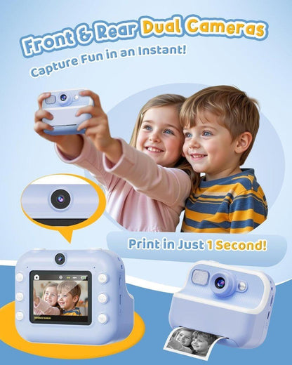 Children's Digital Camera 1080P HD with 2.4-Inch Screen, Instant Printing, Includes Paper & 32GB Card, for Ages 3-12, Blue