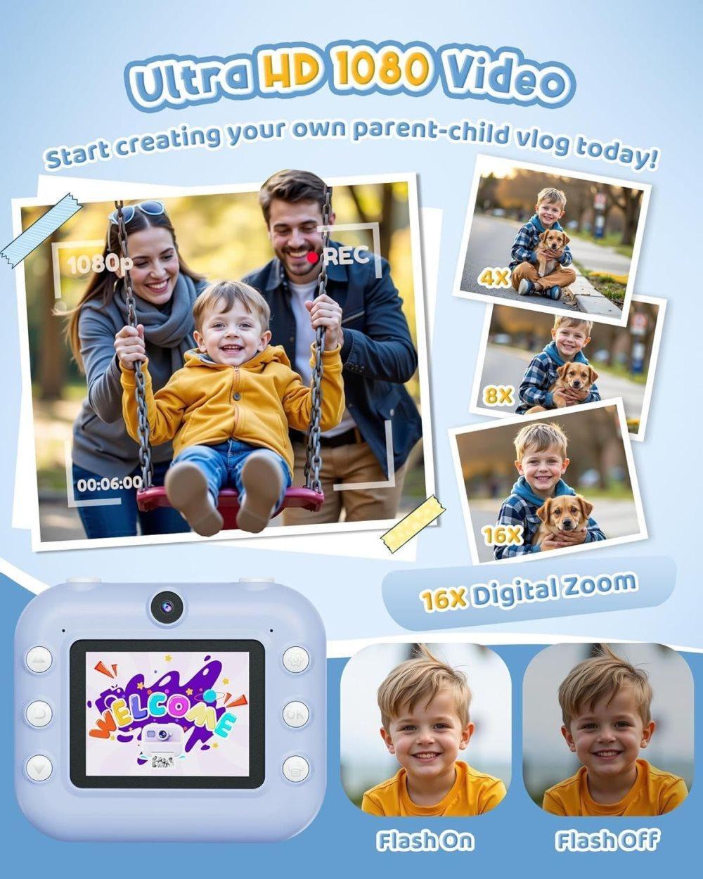 Children's Digital Camera 1080P HD with 2.4-Inch Screen, Instant Printing, Includes Paper & 32GB Card, for Ages 3-12, Blue
