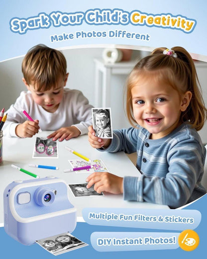 Children's Digital Camera 1080P HD with 2.4-Inch Screen, Instant Printing, Includes Paper & 32GB Card, for Ages 3-12, Blue
