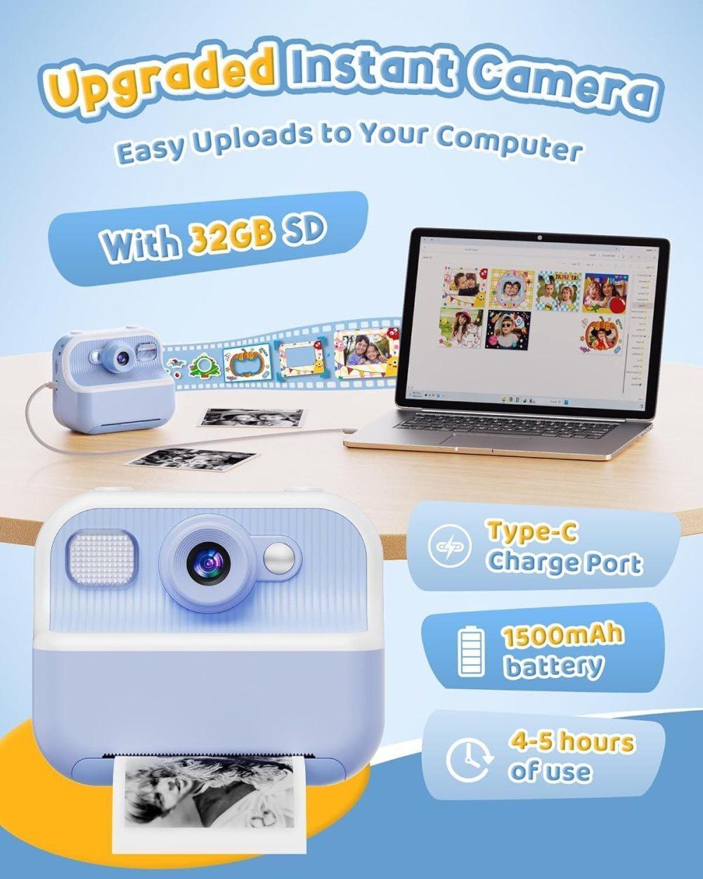 Children's Digital Camera 1080P HD with 2.4-Inch Screen, Instant Printing, Includes Paper & 32GB Card, for Ages 3-12, Blue