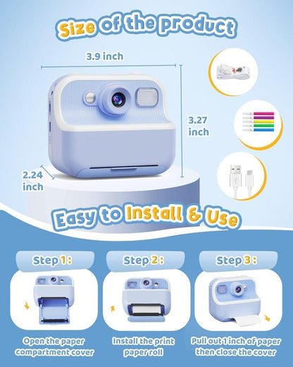 Children's Digital Camera 1080P HD with 2.4-Inch Screen, Instant Printing, Includes Paper & 32GB Card, for Ages 3-12, Blue