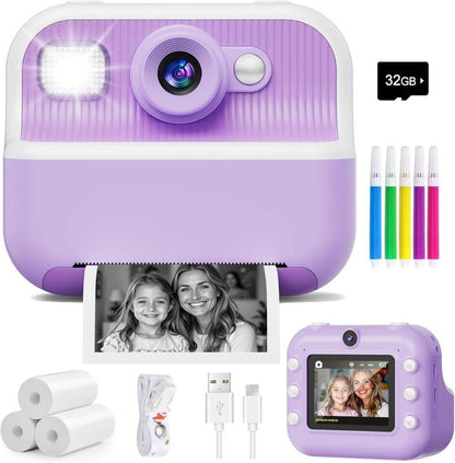 32GB Kids Digital Camera with 1080P HD and Instant Printing, 2.4-Inch Screen, Includes Paper, for Ages 3-12, Purple
