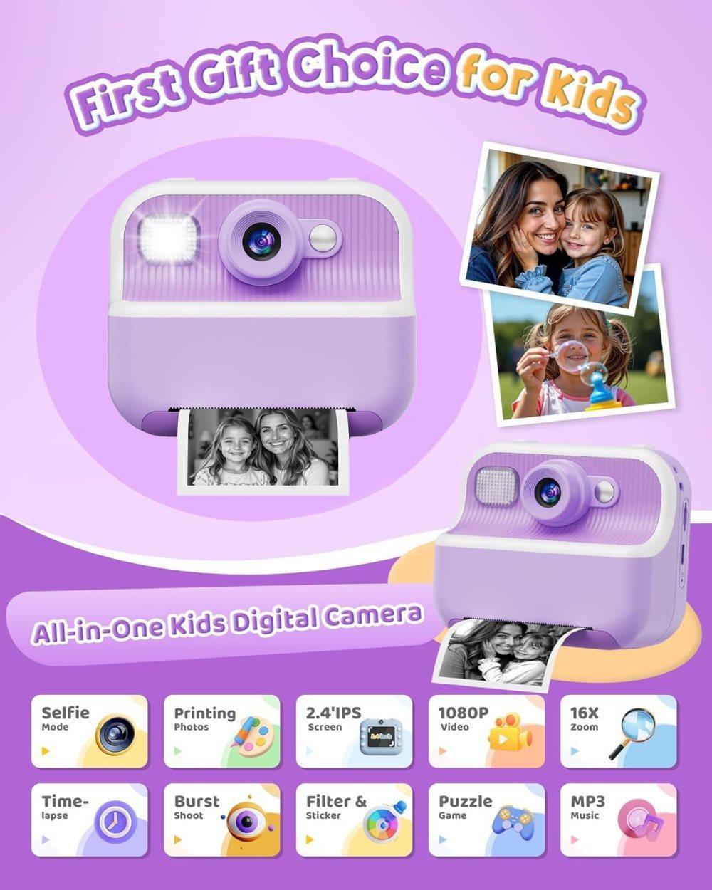 32GB Kids Digital Camera with 1080P HD and Instant Printing, 2.4-Inch Screen, Includes Paper, for Ages 3-12, Purple