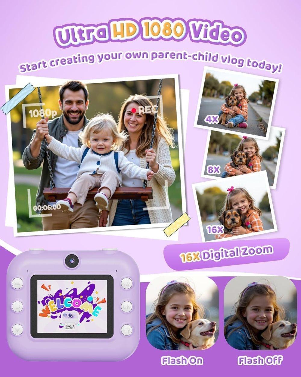32GB Kids Digital Camera with 1080P HD and Instant Printing, 2.4-Inch Screen, Includes Paper, for Ages 3-12, Purple