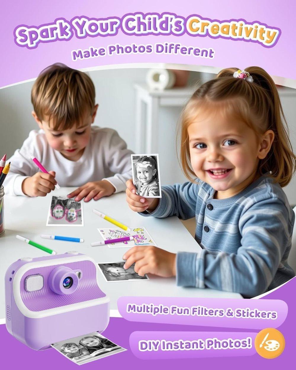 32GB Kids Digital Camera with 1080P HD and Instant Printing, 2.4-Inch Screen, Includes Paper, for Ages 3-12, Purple