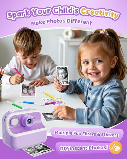 32GB Kids Digital Camera with 1080P HD and Instant Printing, 2.4-Inch Screen, Includes Paper, for Ages 3-12, Purple