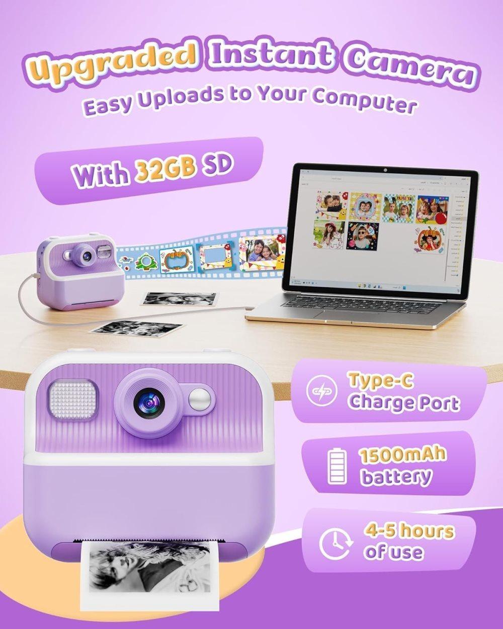 32GB Kids Digital Camera with 1080P HD and Instant Printing, 2.4-Inch Screen, Includes Paper, for Ages 3-12, Purple