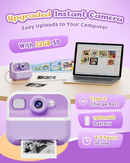 32GB Kids Digital Camera with 1080P HD and Instant Printing, 2.4-Inch Screen, Includes Paper, for Ages 3-12, Purple