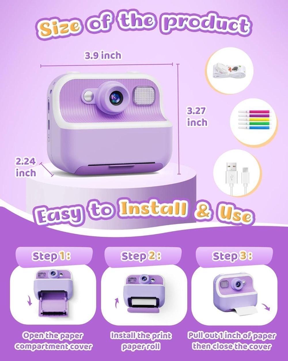32GB Kids Digital Camera with 1080P HD and Instant Printing, 2.4-Inch Screen, Includes Paper, for Ages 3-12, Purple