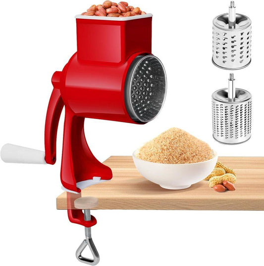Manual nut grinder with 2 removable drum blades, cheese grater, peanut and almond grinder