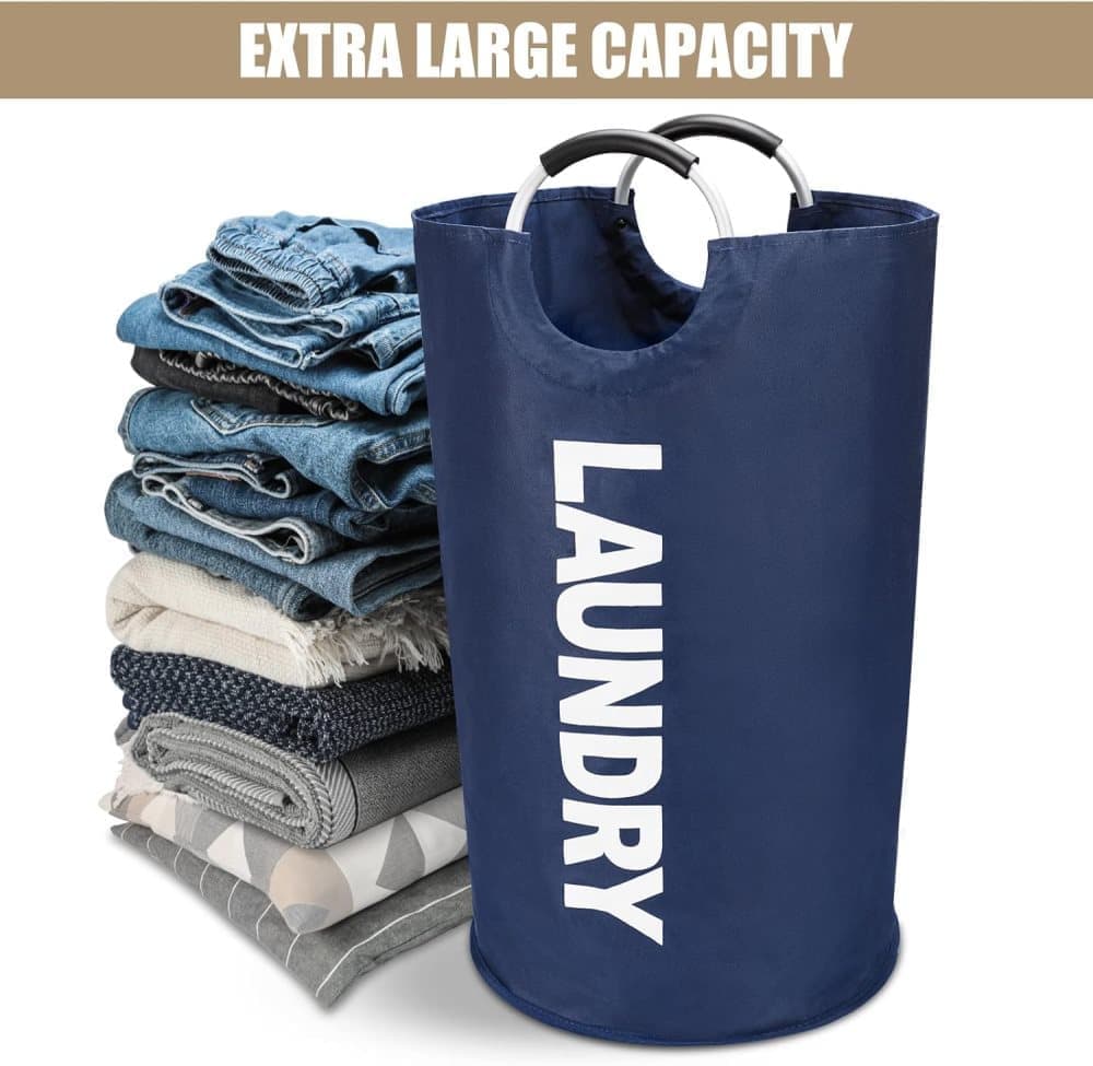 90L Foldable Laundry Basket with Handles, Waterproof, Dark Blue, 38x38x79 cm