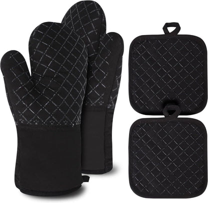 Heat Resistant Oven Mitts & Grill Gloves Anti-Slip Kitchen Potholders, Black, up to 300°C, Compatible with Cooking and Baking