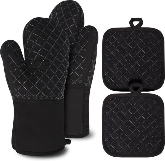 Heat Resistant Oven Mitts & Grill Gloves Anti-Slip Kitchen Potholders, Black, up to 300°C, Compatible with Cooking and Baking