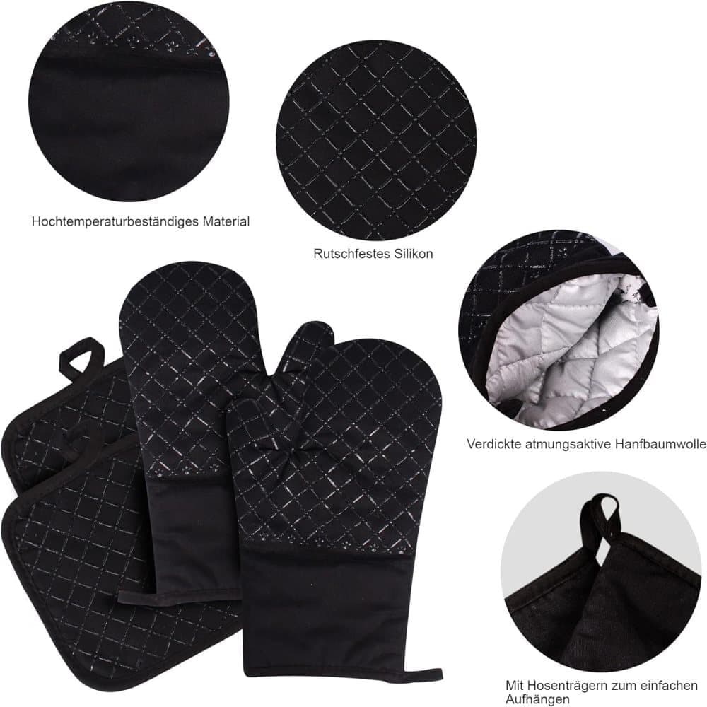 Heat Resistant Oven Mitts & Grill Gloves Anti-Slip Kitchen Potholders, Black, up to 300°C, Compatible with Cooking and Baking