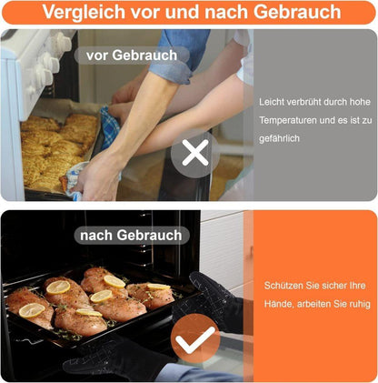 Heat Resistant Oven Mitts & Grill Gloves Anti-Slip Kitchen Potholders, Black, up to 300°C, Compatible with Cooking and Baking